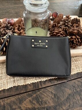 kate spade Black Leather Logo Wristlet with Gold Accent (Large)